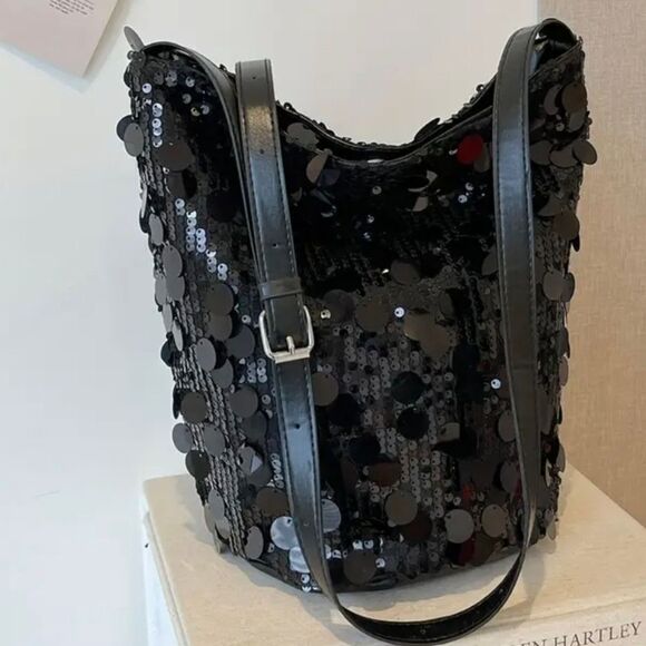 Black Sequins Shoulder Bag - Picture 1 of 4